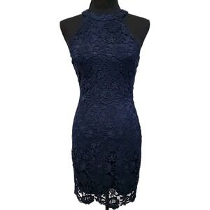 Lulu's‎ Wedding Guest Dress Mini M Navy Blue Crochet Lace Overlay Summer Chic